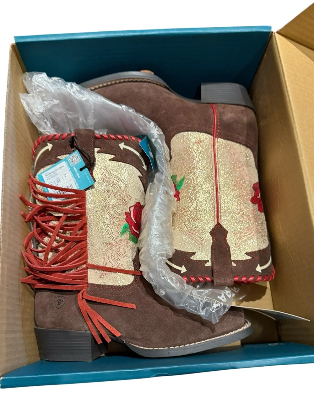 Ariat Futurity Fringe Brown & Cream Fringe Boots Red Rose Embroidery Girls Size2